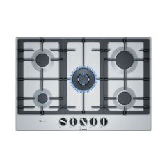 Bosch PCQ7A5B90 Series 6 75cm Gas Hob, 5 burners, 4kw Wok burner, FlameSelect, Cast Iron supports