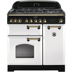 Rangemaster CDL90DFFWH/B 90cm Classic Deluxe Dual Fuel Range Cooker, White / Brass Trim