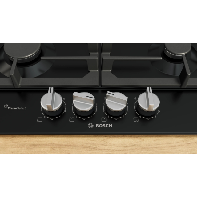 Bosch PCP6A6I90 Series 6 60cm 4 Burner Gas Hob, Flame Select, Black
