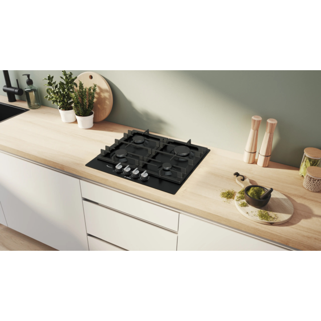 Bosch PCP6A6I90 Series 6 60cm 4 Burner Gas Hob, Flame Select, Black