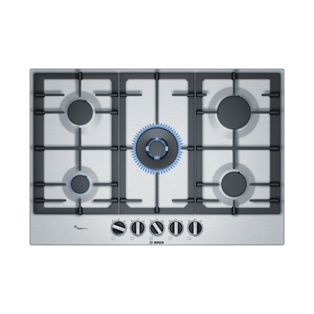 Bosch PCQ7A5B90 Series 6 75cm Gas Hob, 5 burners, 4kw Wok burner, FlameSelect, Cast Iron supports