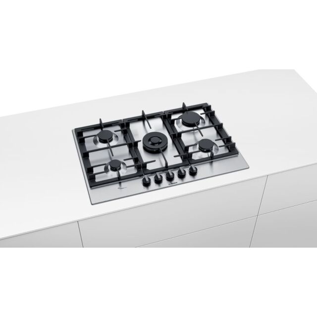 Bosch PCQ7A5B90 Series 6 75cm Gas Hob, 5 burners, 4kw Wok burner, FlameSelect, Cast Iron supports