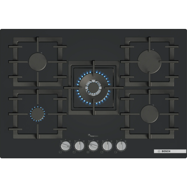 Bosch PPQ7A6I40 Series 6 75cm 5 Burner Gas Hob, Flame Select, Tempered Black Glass