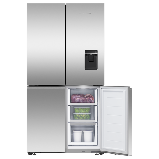 Fisher + Paykel RF605QNUVX1 Series 7 Quad Door American Fridge Freezer, Ice & Water, Stainless Steel, E Rated, Plumbed,