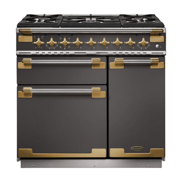 Rangemaster ELS90DFFSL/AB Elise Luxe 90Cm Dual Fuel Range Cooker, Slate Grey With Brass Trim